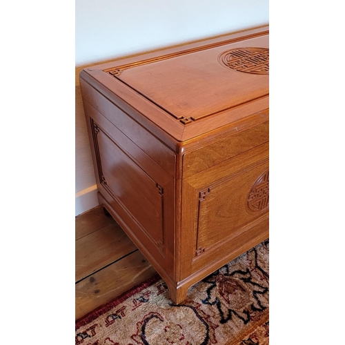 117 - A LARGE HEAVY ASIAN STYLE CHEST, with hinged lid, contemporary piece in excellent condition. 102 x 5... 