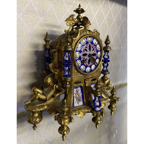 13 - A NAPOLEON III STYLE GILT BRONZE CLOCK, with polychrome porcelain plates surrounded by gilt frame wi... 