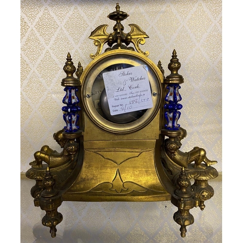 13 - A NAPOLEON III STYLE GILT BRONZE CLOCK, with polychrome porcelain plates surrounded by gilt frame wi... 