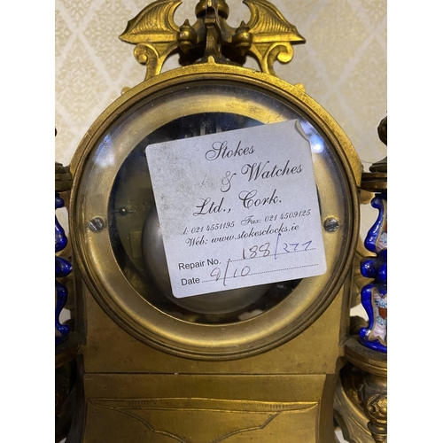 13 - A NAPOLEON III STYLE GILT BRONZE CLOCK, with polychrome porcelain plates surrounded by gilt frame wi... 