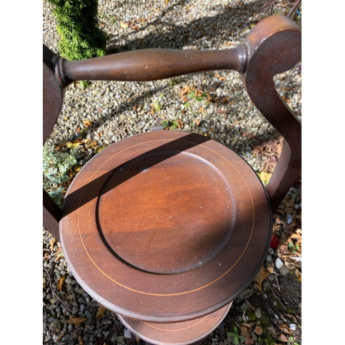 150 - A MAHOGANY INLAID THREE TIER CAKE STAND, inlay to three tiers, foldable, with handle. Dimensions: 88... 