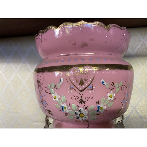 153 - A VICTORIAN PINK OPALINE LUSTRE MANTLE VASE, finely decorated with painted blue floral details and g... 