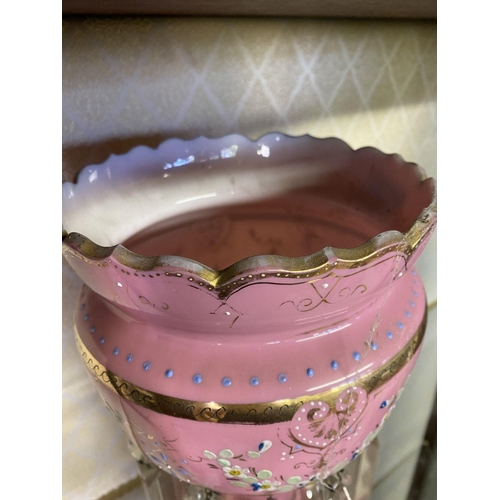 153 - A VICTORIAN PINK OPALINE LUSTRE MANTLE VASE, finely decorated with painted blue floral details and g... 