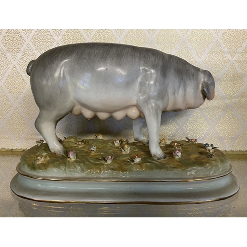 162 - A 20TH CENTURY MEISSEN PORCELAIN PIG/SOW FIGURINE, wonderful detail, standing on shaped base with fl... 