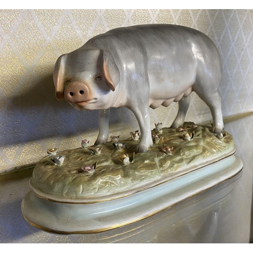 162 - A 20TH CENTURY MEISSEN PORCELAIN PIG/SOW FIGURINE, wonderful detail, standing on shaped base with fl... 