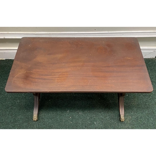 163 - AN ANTIQUE MAHOGANY COFFEE TABLE, with harp leg design supported by turned stretcher, fluted legs wi... 