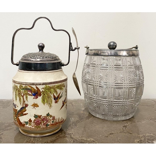 168 - TWO ANTIQUE BISCUIT BARRELS, (i) Crown Vellum painted porcelain biscuit barrel. Decorated with paint... 