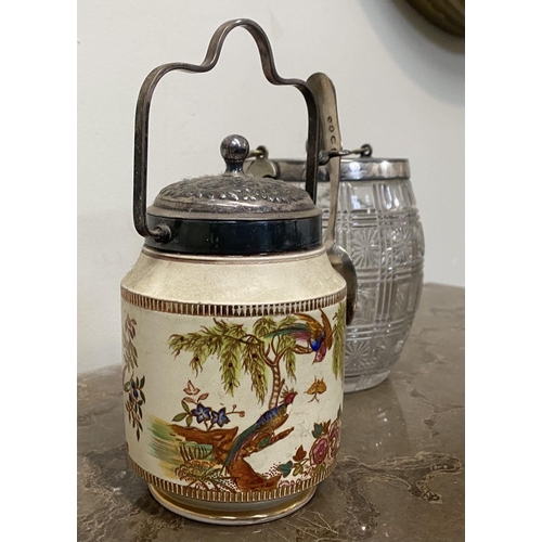 168 - TWO ANTIQUE BISCUIT BARRELS, (i) Crown Vellum painted porcelain biscuit barrel. Decorated with paint... 