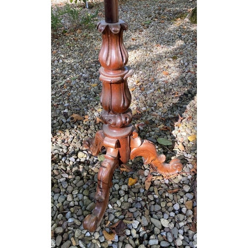 170 - AN ANTIQUE MAHOGANY FLOOR LAMP, with support standing on decorative carved tripod base with scrollin... 