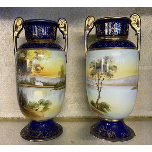 171 - A PAIR OF VINTAGE NORITAKE JAPANESE PORCELAIN MIRROR VASES, decorated with ‘mirror images’ of the sa... 