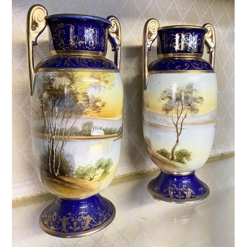 171 - A PAIR OF VINTAGE NORITAKE JAPANESE PORCELAIN MIRROR VASES, decorated with ‘mirror images’ of the sa... 