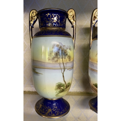 171 - A PAIR OF VINTAGE NORITAKE JAPANESE PORCELAIN MIRROR VASES, decorated with ‘mirror images’ of the sa... 