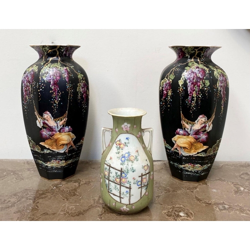 176 - A PAIR OF VINTAGE CROWN DEVON DECORATIVE VASES, c.1920 from the Arcadia line, marked to base, decora... 