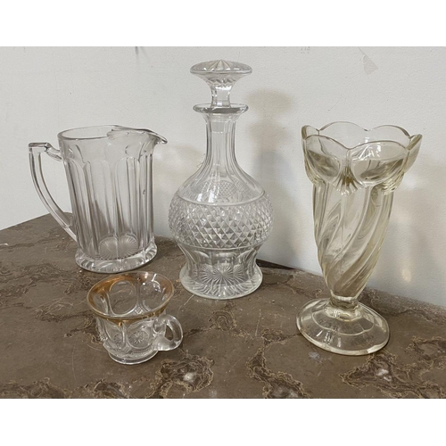 181 - A VINTAGE GLASS LOT TO INCLUDE (i) a cut glass decanter with fluted body and neck, star cut base and... 