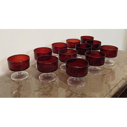 184 - A SET OF VINTAGE FRENCH LUMINARC CAVALIER RUBY RED SHERBERT GLASSES, c.1970, twelve total, with clea... 