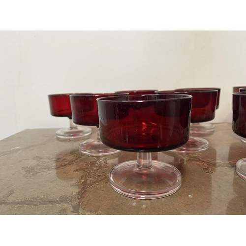 184 - A SET OF VINTAGE FRENCH LUMINARC CAVALIER RUBY RED SHERBERT GLASSES, c.1970, twelve total, with clea... 