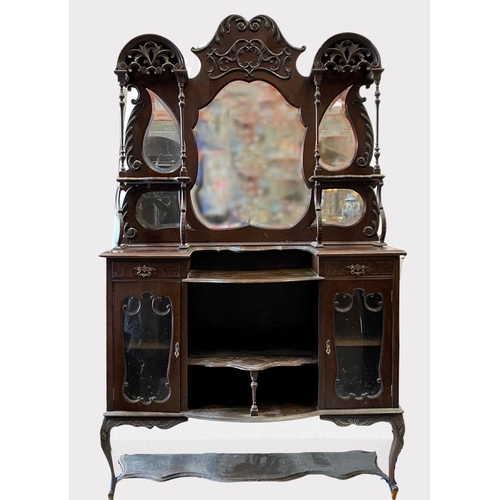 185 - AN ANTIQUE ETAGERE ROSEWOOD DISPLAY CABINET, Rococo revival, with four bevelled mirrors, central of ... 