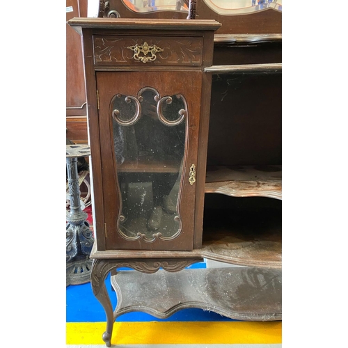 185 - AN ANTIQUE ETAGERE ROSEWOOD DISPLAY CABINET, Rococo revival, with four bevelled mirrors, central of ... 