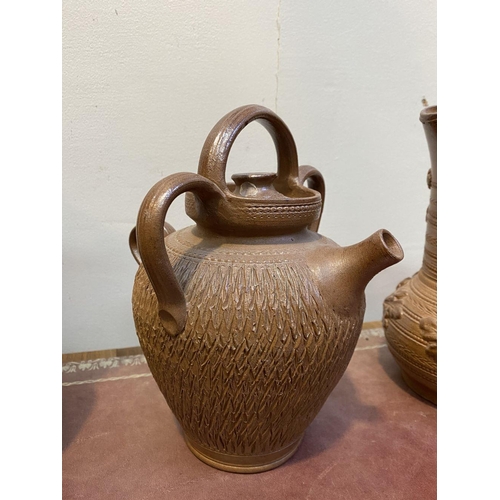 188 - A COLLECTION OF THREE VINTAGE FRENCH HANDMADE STONEWARE JUGS, with one unique lidded pitcher likely ... 