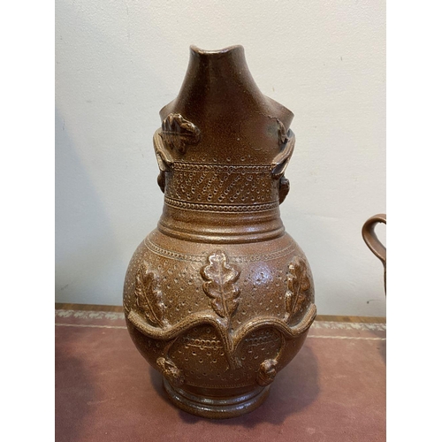 188 - A COLLECTION OF THREE VINTAGE FRENCH HANDMADE STONEWARE JUGS, with one unique lidded pitcher likely ... 