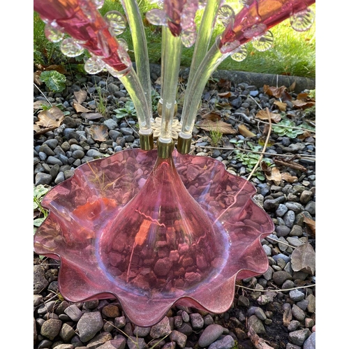 19 - AN EXCELLENT VICTORIAN RUBY GLASS EPERGNE, with ruffled base supporting six horns and surrounding a ... 