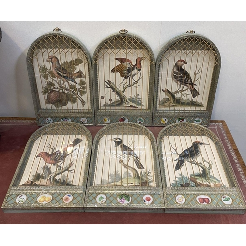 193 - A SET OF VINTAGE FRENCH STYLE TROMPE L’OEIL BIRDCAGE PICTURES, arched frames modelled as birdcages a... 