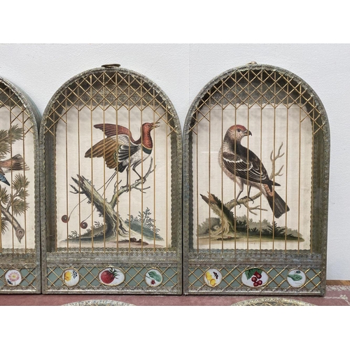 193 - A SET OF VINTAGE FRENCH STYLE TROMPE L’OEIL BIRDCAGE PICTURES, arched frames modelled as birdcages a... 