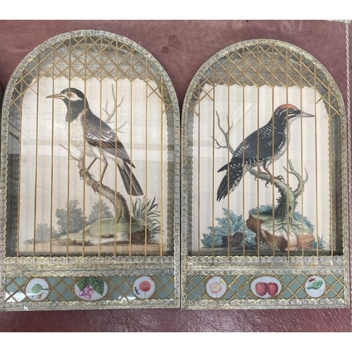 193 - A SET OF VINTAGE FRENCH STYLE TROMPE L’OEIL BIRDCAGE PICTURES, arched frames modelled as birdcages a... 