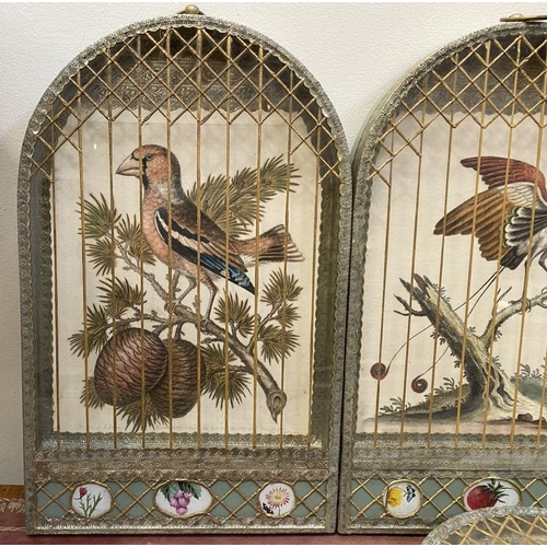 193 - A SET OF VINTAGE FRENCH STYLE TROMPE L’OEIL BIRDCAGE PICTURES, arched frames modelled as birdcages a... 