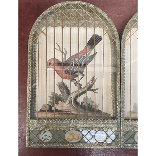 193 - A SET OF VINTAGE FRENCH STYLE TROMPE L’OEIL BIRDCAGE PICTURES, arched frames modelled as birdcages a... 