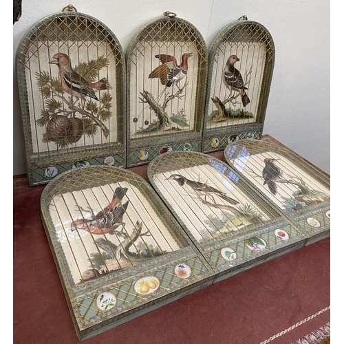 193 - A SET OF VINTAGE FRENCH STYLE TROMPE L’OEIL BIRDCAGE PICTURES, arched frames modelled as birdcages a... 