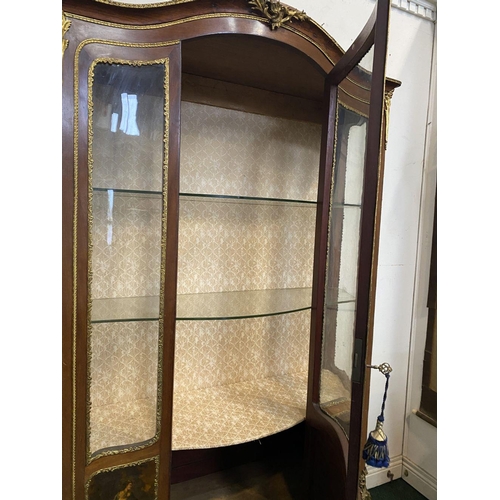 2 - A 19TH CENTURY NAPOLEON III STYLE VERNIS MARTIN VITRINE, bow fronted with three glass panels, one do... 