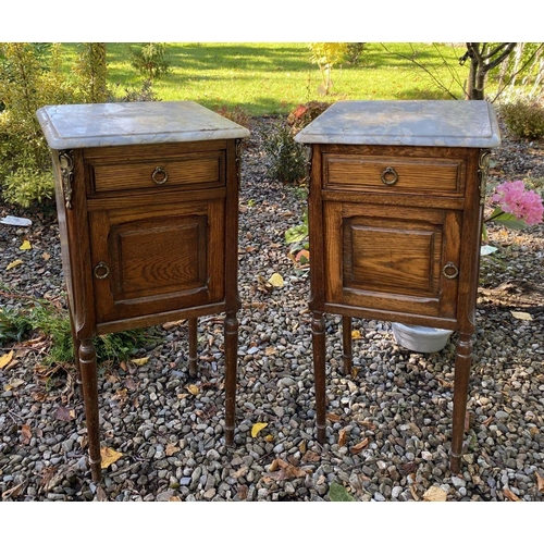 20 - A PAIR OF 19TH CENTURY MARBLE TOPPED BEDSIDE LOCKERS, with one drawer above panelled door, with bras... 