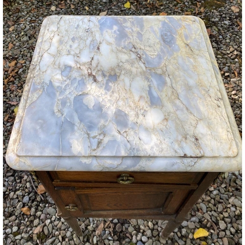 20 - A PAIR OF 19TH CENTURY MARBLE TOPPED BEDSIDE LOCKERS, with one drawer above panelled door, with bras... 