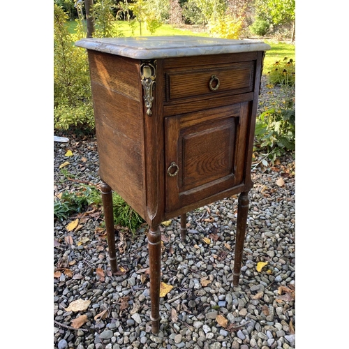 20 - A PAIR OF 19TH CENTURY MARBLE TOPPED BEDSIDE LOCKERS, with one drawer above panelled door, with bras... 