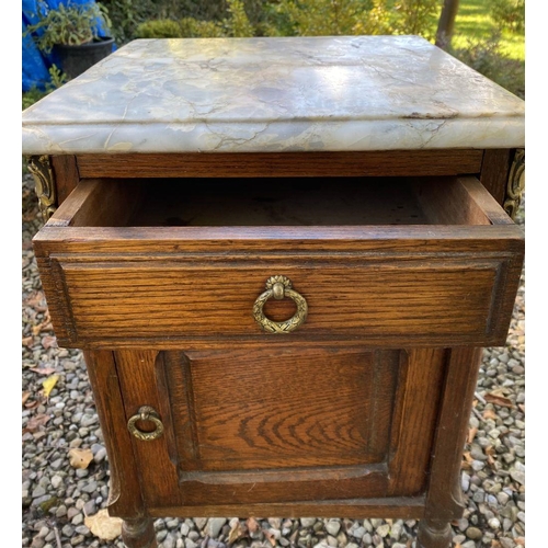 20 - A PAIR OF 19TH CENTURY MARBLE TOPPED BEDSIDE LOCKERS, with one drawer above panelled door, with bras... 