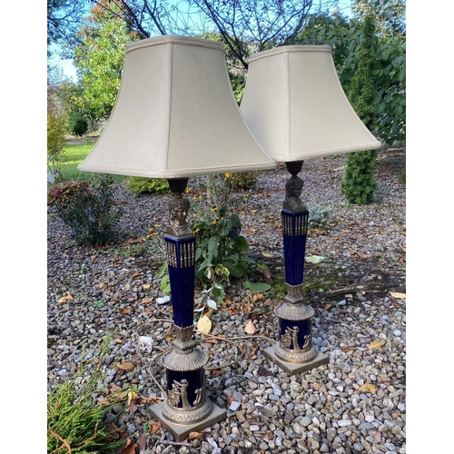 21 - A PAIR OF EXCELLENT CORINTHIUM COLUMN TABLE LAMPS, French style, cobalt blue with gilt accents, Gree... 