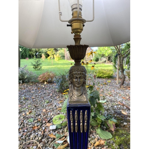 21 - A PAIR OF EXCELLENT CORINTHIUM COLUMN TABLE LAMPS, French style, cobalt blue with gilt accents, Gree... 