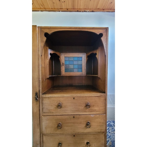 217 - A BEAUTIFUL ARTS & CRAFTS PINE DRESSING WARDROBE UNIT, to the left is a single door cabinet with mir... 