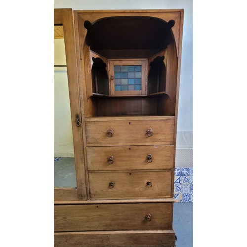 217 - A BEAUTIFUL ARTS & CRAFTS PINE DRESSING WARDROBE UNIT, to the left is a single door cabinet with mir... 