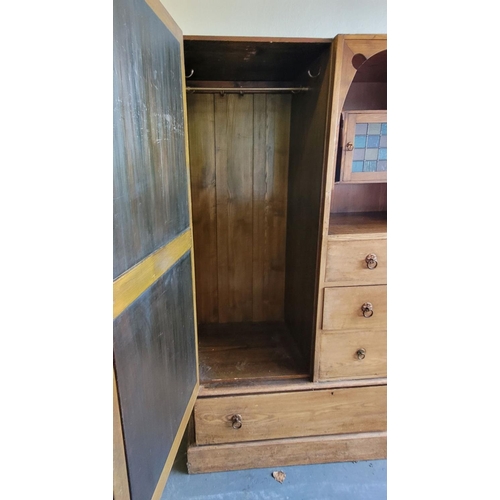 217 - A BEAUTIFUL ARTS & CRAFTS PINE DRESSING WARDROBE UNIT, to the left is a single door cabinet with mir... 