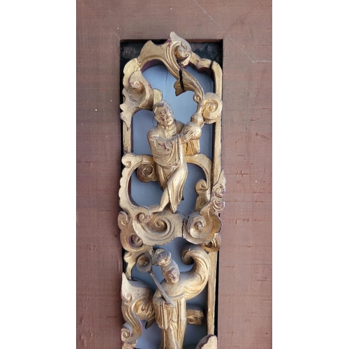 229 - A FRAMED CHINESE CARVED WALL PANEL, with figural scene, highlighted with gilt paint, in excellent co... 