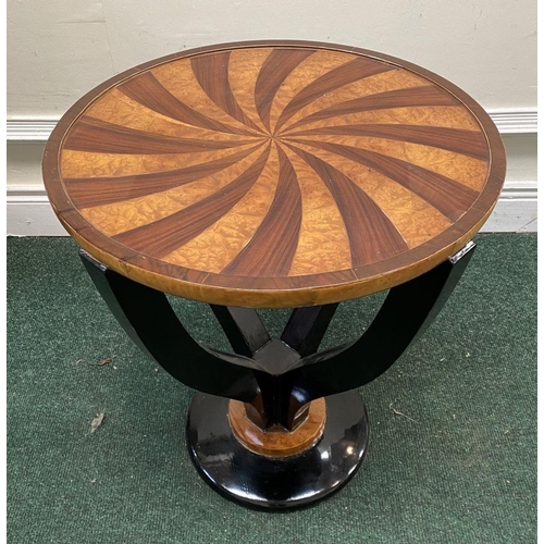 23 - AN ART DECO STYLE PEDESTAL CENTRE TABLE, in the style of Pierre-Emile Legrain, having circular top w... 