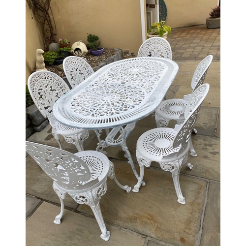 230 - A FINE WHITE CAST ALLOY GARDEN SET, to include an oval garden table with foliage decoration to under... 