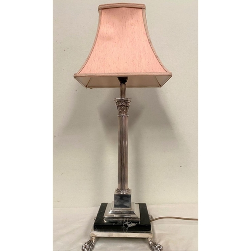 231 - A SILVER PLATED CORINTHIUM COLUMN TABLE LAMP, atop square platform marble topped base, on four lion ... 