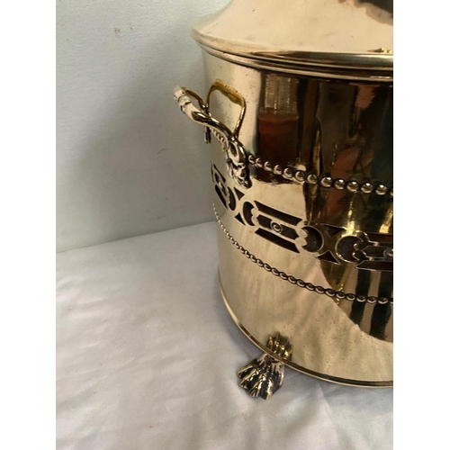 234 - A CIRCULAR BRASS COAL BUCKET, with original liner, finial to lid, pierced design to sides, two handl... 