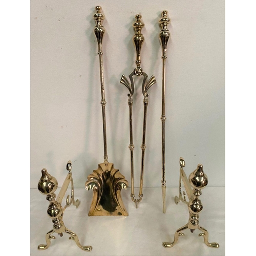 235 - A GOOD QUALITY SET OF THREE POLISHED BRASS FIRE IRONS, to include shovel, poker, tongs and dogs. All... 