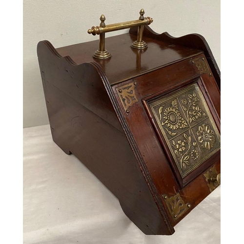 236 - A MAHOGANY SLOPE FRONT COAL BOX, with decorative brass panel engraved with floral design, brass moun... 