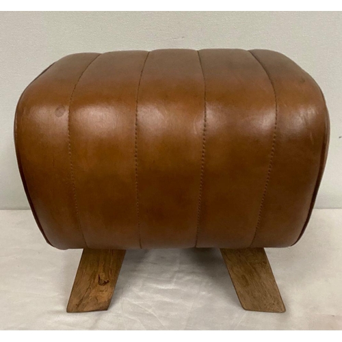 237 - A GOOD PAIR OF LEATHER FOOT STOOLS, rectangular form upholstered with tan leather, on four splayed w... 