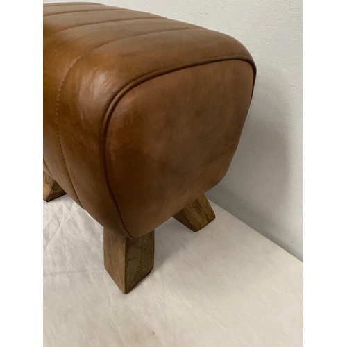 237 - A GOOD PAIR OF LEATHER FOOT STOOLS, rectangular form upholstered with tan leather, on four splayed w... 